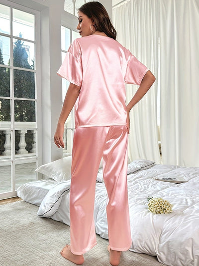 Satin Pajama | Short Sleeve | Elastic Waist | Satin Pajama Set | Pajama Sets for Women-Grace Aura