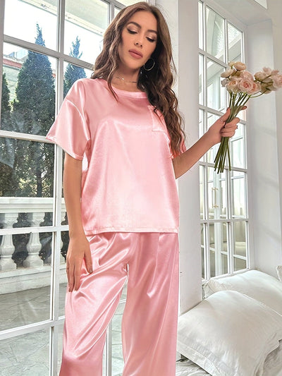 Satin Pajama | Short Sleeve | Elastic Waist | Satin Pajama Set | Pajama Sets for Women-Grace Aura