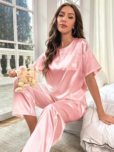 Satin Pajama | Short Sleeve | Elastic Waist | Satin Pajama Set | Pajama Sets for Women-Grace Aura