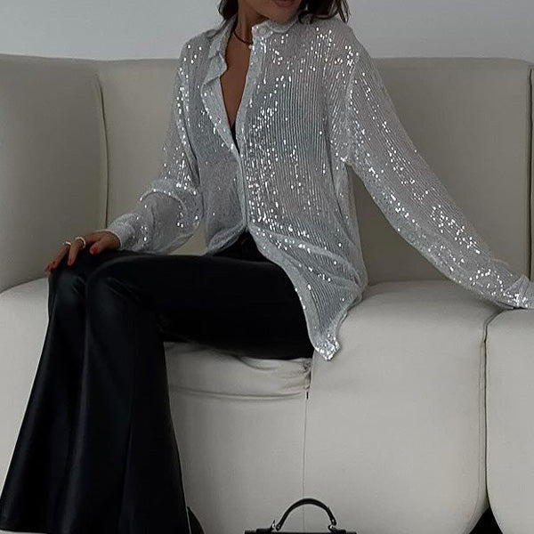 Sequin Blouse - Women's Long Sleeve Button-Up Sparkly Shirt-Grace Aura