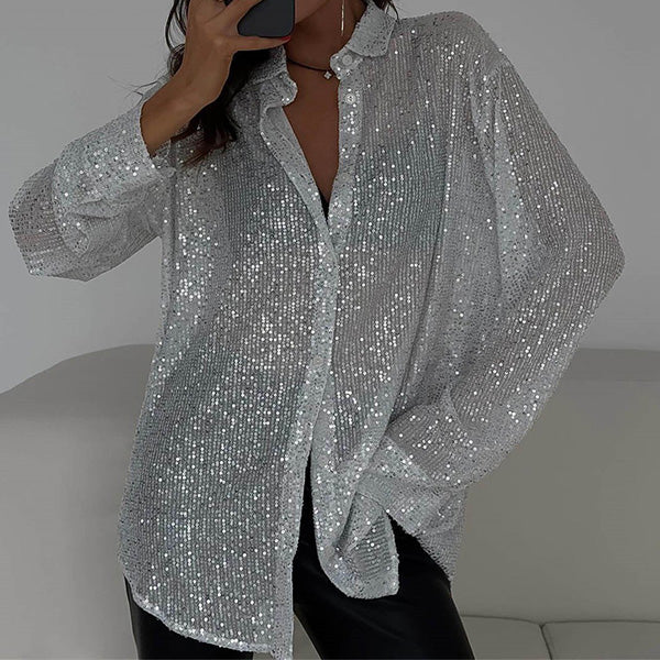 Sequin Blouse - Women's Long Sleeve Button-Up Sparkly Shirt-Grace Aura