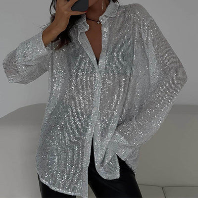 Sequin Blouse - Women's Long Sleeve Button-Up Sparkly Shirt-Grace Aura