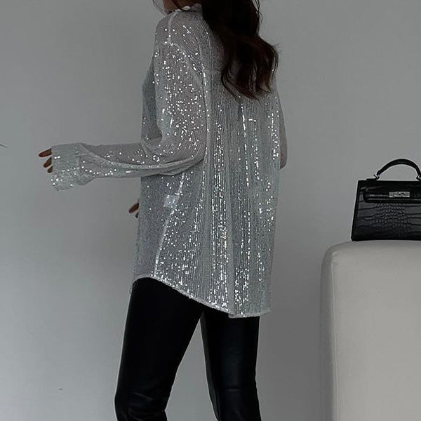 Sequin Blouse - Women's Long Sleeve Button-Up Sparkly Shirt-Grace Aura