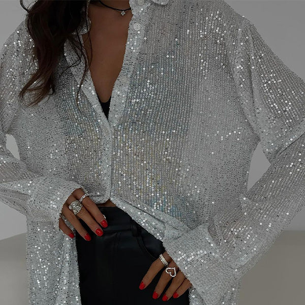 Sequin Blouse - Women's Long Sleeve Button-Up Sparkly Shirt-Grace Aura