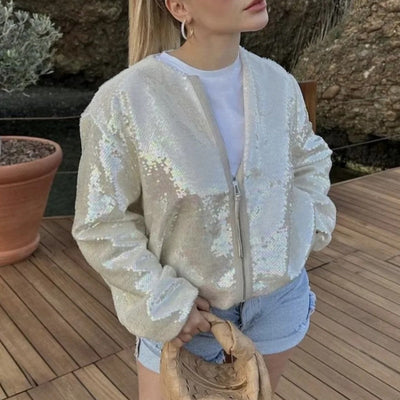 Sequin Bomber Jacket - Loose Fit - Zip-Up - Sparkly Bomber Jacket - Women's Jackets-Grace Aura