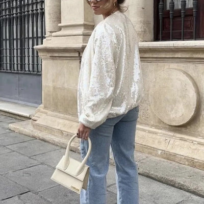 Sequin Bomber Jacket - Loose Fit - Zip-Up - Sparkly Bomber Jacket - Women's Jackets-Grace Aura
