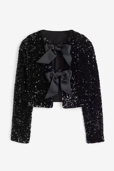 Sequin Top - Long Sleeve - Tie Front - Glitter Blouse - Women's Blouse-Grace Aura