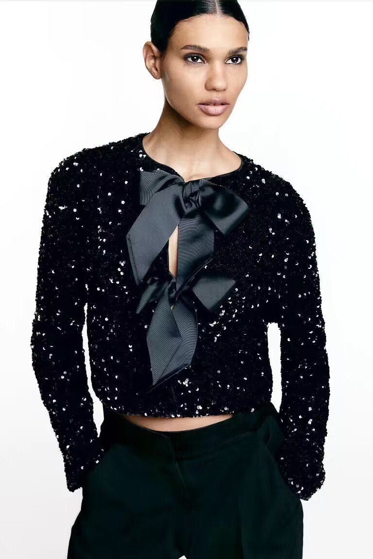 Sequin Top - Long Sleeve - Tie Front - Glitter Blouse - Women's Blouse-Grace Aura
