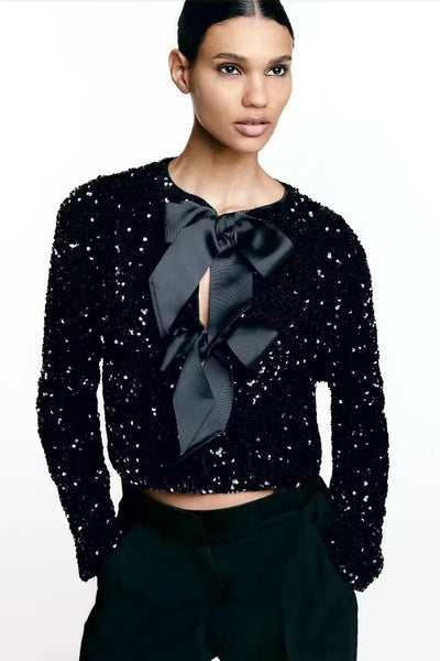Sequin Top - Long Sleeve - Tie Front - Glitter Blouse - Women's Blouse-Grace Aura