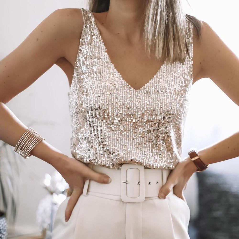 Sequin Top | Sleeveless | V-Neck | Glitter Top | Party Top-Grace Aura