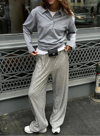 Sequin Trousers - Sparkly - Glitter - Wide Leg Pants - Ladies Sequin Trousers-Grace Aura