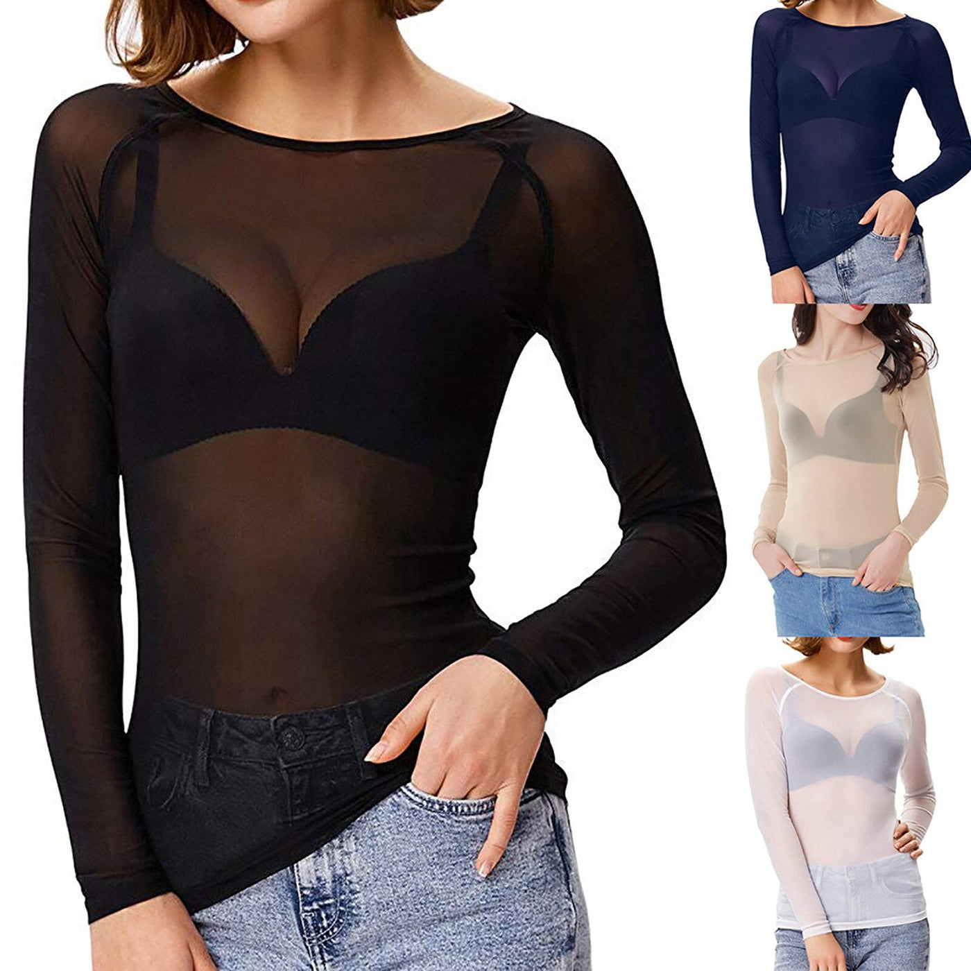 Sheer Long Sleeve Top - Black - White - Mesh Long Slleeve Top - Women's Clothing-Grace Aura