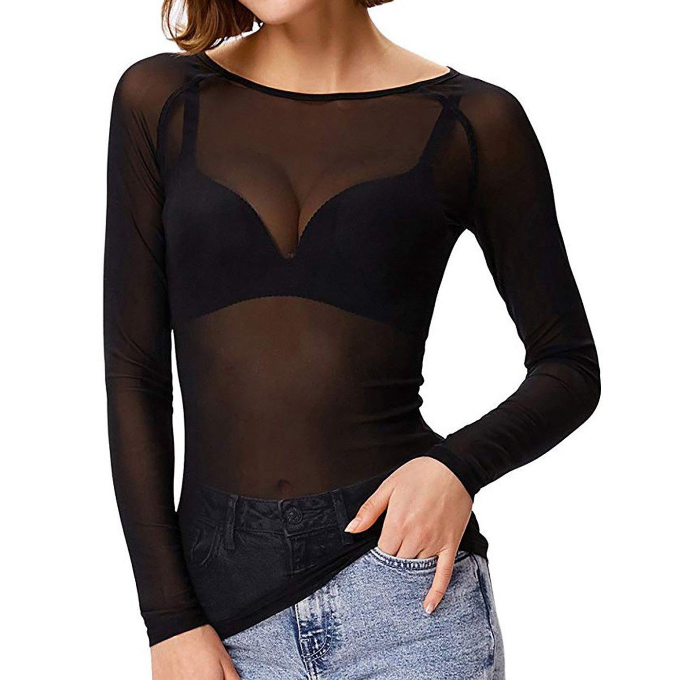 Sheer Long Sleeve Top - Black - White - Mesh Long Slleeve Top - Women's Clothing-Grace Aura