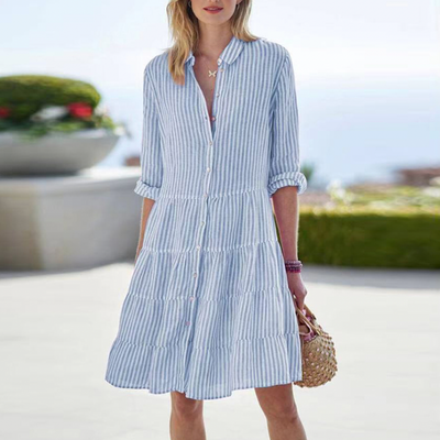 Shirt Dress - Women's Striped Knee Length Long Sleeve Summer Dress-Grace Aura