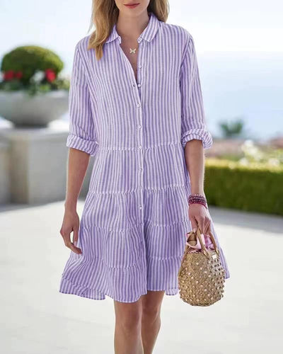 Shirt Dress - Women's Striped Knee Length Long Sleeve Summer Dress-Grace Aura
