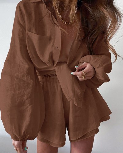 Shirt and Shorts Set - Summer - Button-Up - Two-Piece Set - Women's Co-Ord Set-Grace Aura