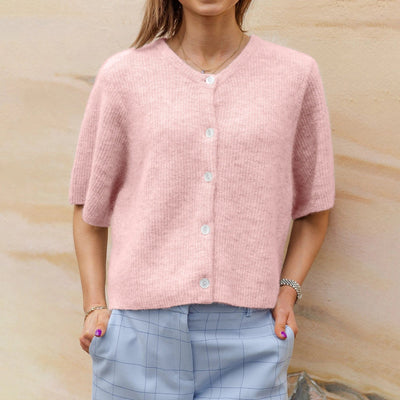 Short Sleeve Cardigan - Button-Up - Loose Fit - Knitted Cardigan - Women's Knitwear-Grace Aura