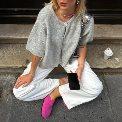 Short Sleeve Cardigan - Button-Up - Loose Fit - Knitted Cardigan - Women's Knitwear-Grace Aura