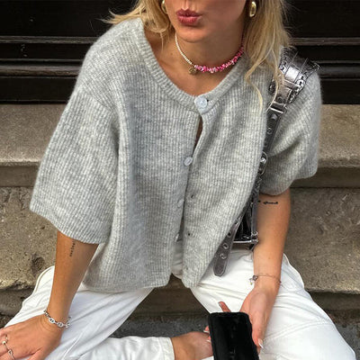 Short Sleeve Cardigan - Button-Up - Loose Fit - Knitted Cardigan - Women's Knitwear-Grace Aura