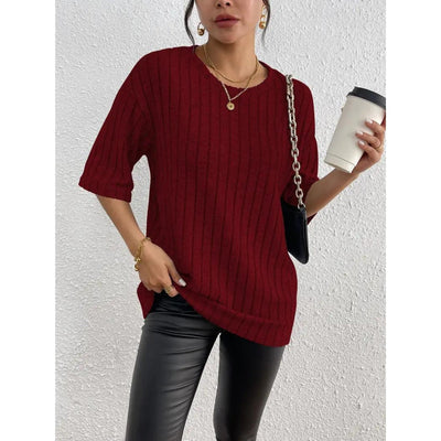Short Sleeve Sweater - Loose Fit - Ribbed - Oversized - Women's Clothing-Grace Aura