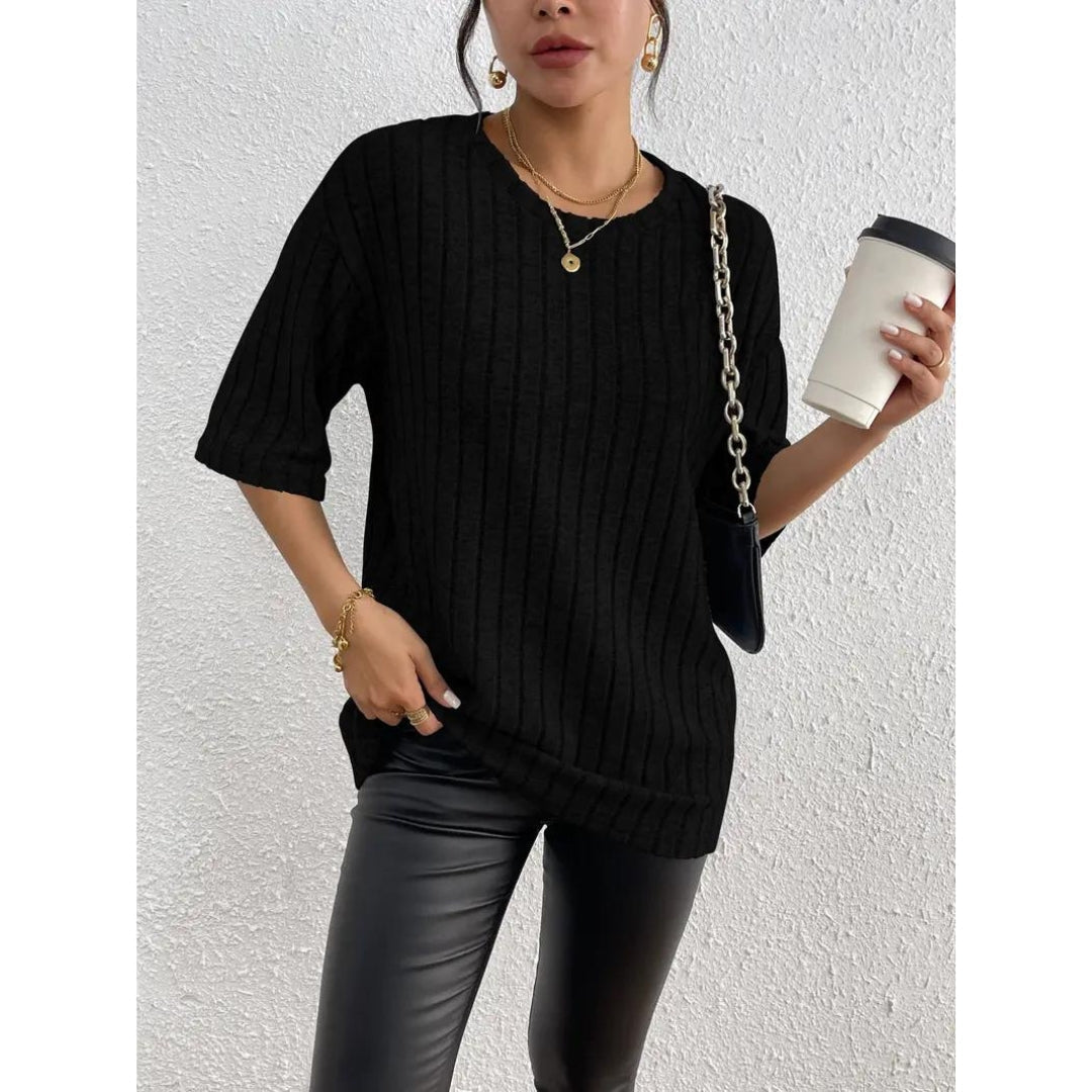 Short Sleeve Sweater - Loose Fit - Ribbed - Oversized - Women's Clothing-Grace Aura