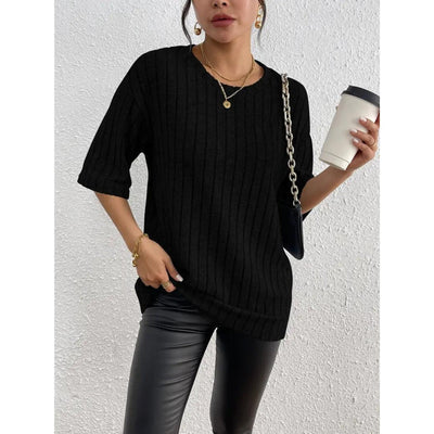 Short Sleeve Sweater - Loose Fit - Ribbed - Oversized - Women's Clothing-Grace Aura