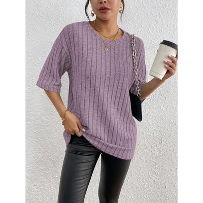 Short Sleeve Sweater - Loose Fit - Ribbed - Oversized - Women's Clothing-Grace Aura