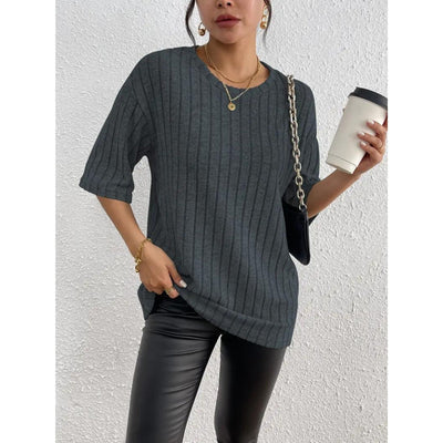 Short Sleeve Sweater - Loose Fit - Ribbed - Oversized - Women's Clothing-Grace Aura