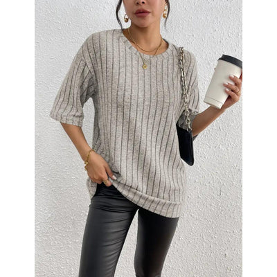 Short Sleeve Sweater - Loose Fit - Ribbed - Oversized - Women's Clothing-Grace Aura