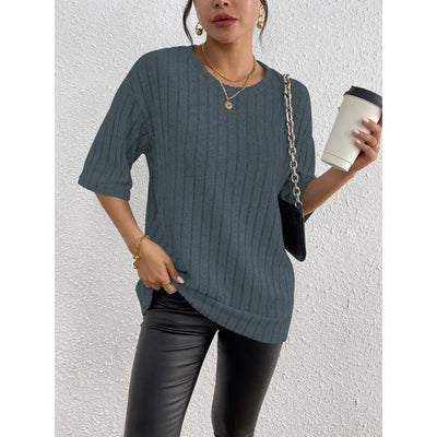 Short Sleeve Sweater - Loose Fit - Ribbed - Oversized - Women's Clothing-Grace Aura