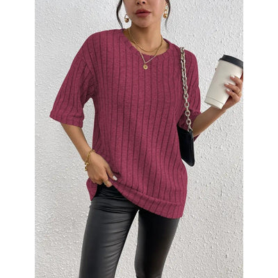 Short Sleeve Sweater - Loose Fit - Ribbed - Oversized - Women's Clothing-Grace Aura