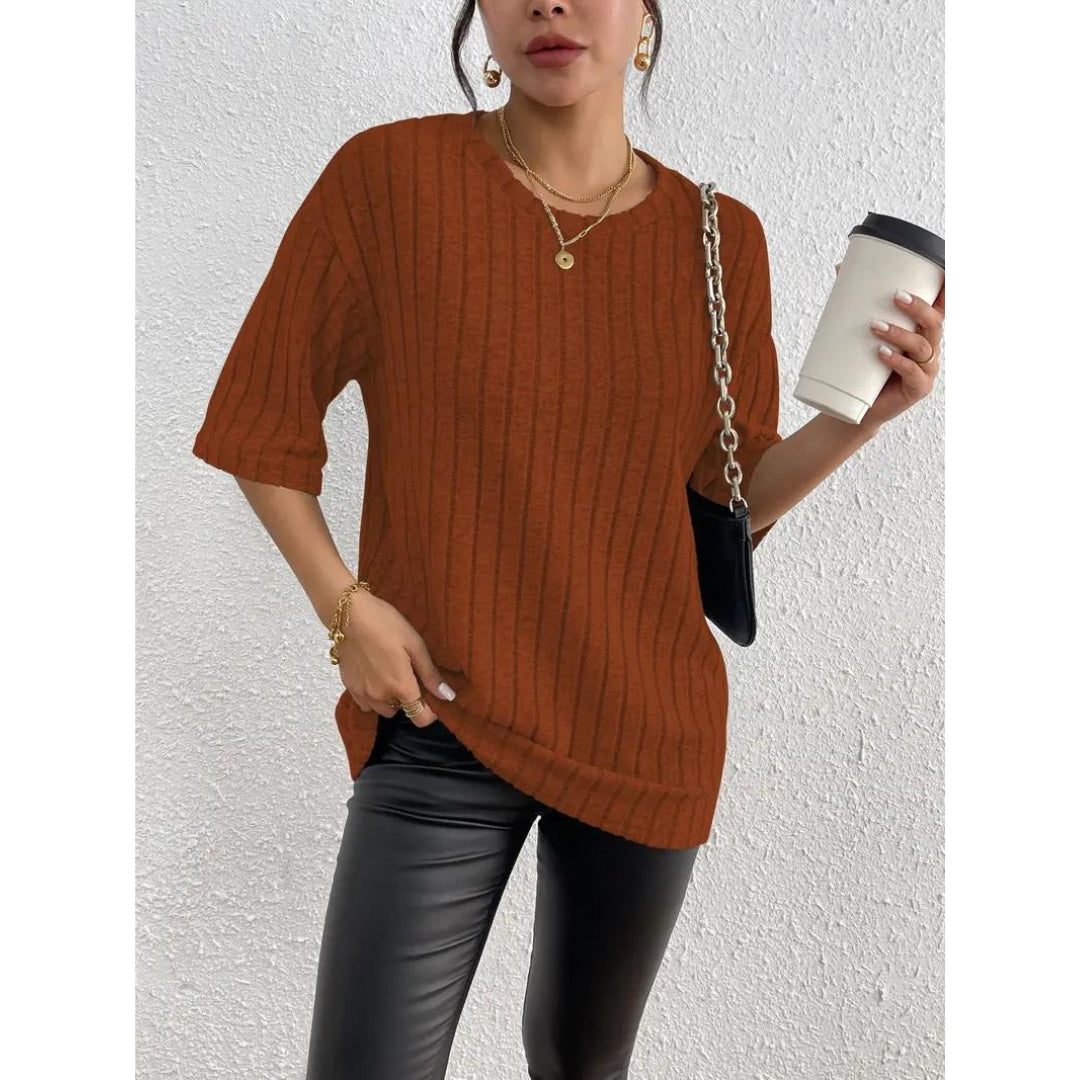 Short Sleeve Sweater - Loose Fit - Ribbed - Oversized - Women's Clothing-Grace Aura