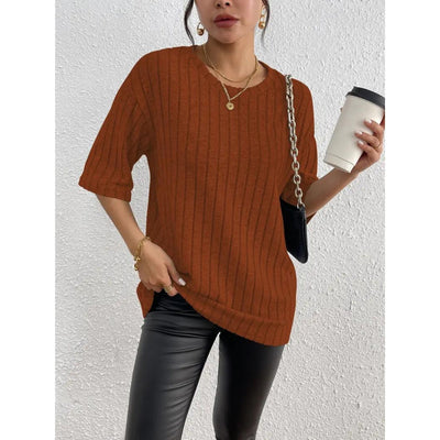 Short Sleeve Sweater - Loose Fit - Ribbed - Oversized - Women's Clothing-Grace Aura
