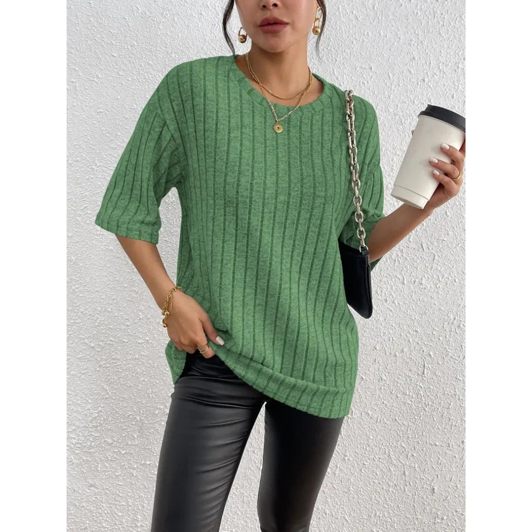 Short Sleeve Sweater - Loose Fit - Ribbed - Oversized - Women's Clothing-Grace Aura
