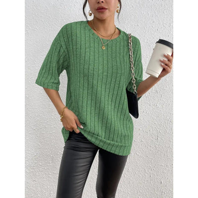 Short Sleeve Sweater - Loose Fit - Ribbed - Oversized - Women's Clothing-Grace Aura