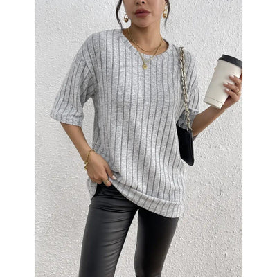 Short Sleeve Sweater - Loose Fit - Ribbed - Oversized - Women's Clothing-Grace Aura