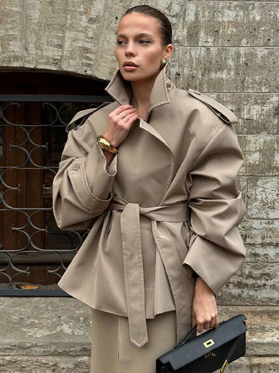 Short Trench Coat | Double Breasted | Belt | Oversized Trench Coat | Women's Trench Coat-Grace Aura
