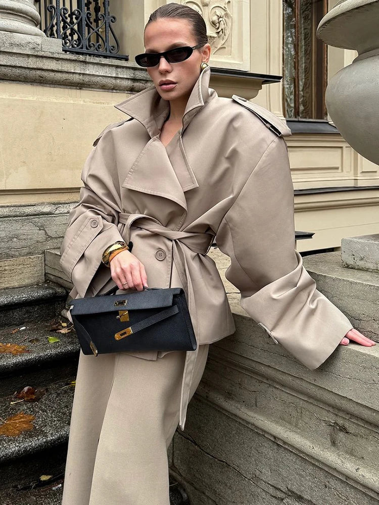 Short Trench Coat | Double Breasted | Belt | Oversized Trench Coat | Women's Trench Coat-Grace Aura