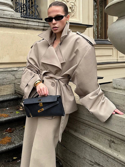 Short Trench Coat | Double Breasted | Belt | Oversized Trench Coat | Women's Trench Coat-Grace Aura