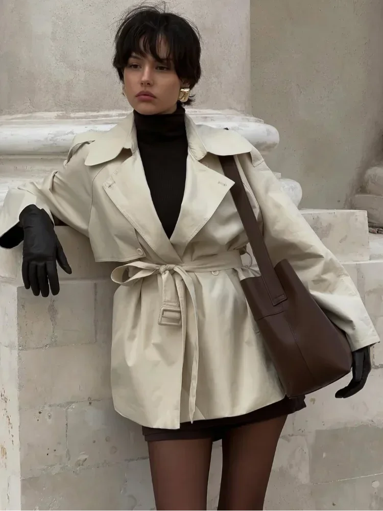 Short Trench Coat | Double Breasted | Belt | Oversized Trench Coat | Women's Trench Coat-Grace Aura