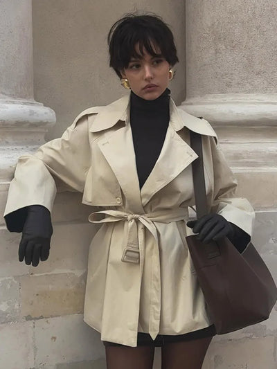 Short Trench Coat | Double Breasted | Belt | Oversized Trench Coat | Women's Trench Coat-Grace Aura