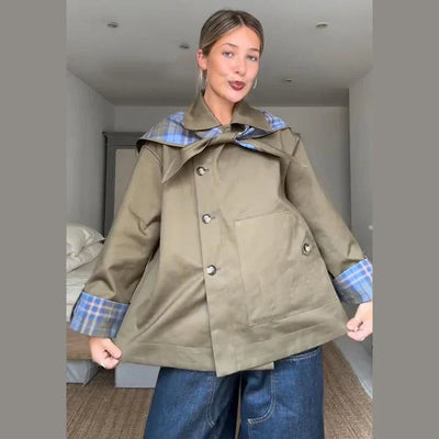 Short Trench Coat - Olive Green - Reversible - Oversized Jacket - Women's Jacket-Grace Aura