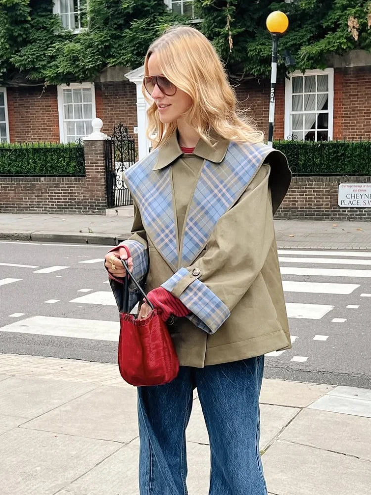 Short Trench Coat - Olive Green - Reversible - Oversized Jacket - Women's Jacket-Grace Aura