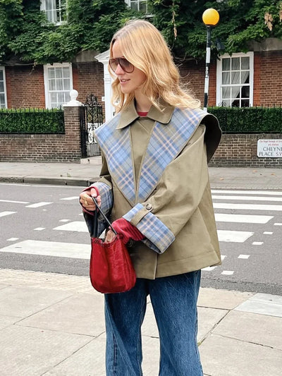 Short Trench Coat - Olive Green - Reversible - Oversized Jacket - Women's Jacket-Grace Aura