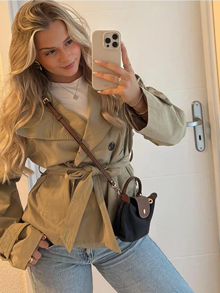 Short Trench Coat - Women's Single Breasted Trench Coat with Belt-Grace Aura