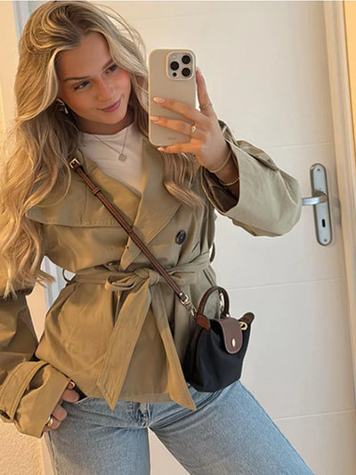 Short Trench Coat - Women's Single Breasted Trench Coat with Belt-Grace Aura