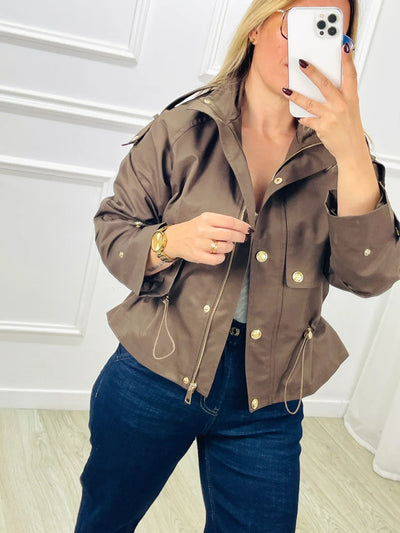 Short Trench Jacket - Drawstring Waist - Autumn - Short Trench Coat - Women's Jacket-Grace Aura