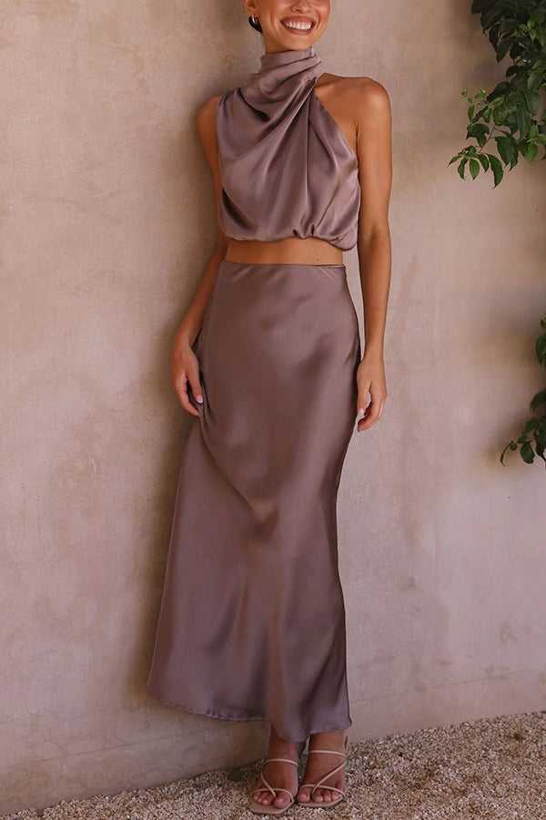 Skirt and Top Set | High Neck | Maxi Skirt | Satin Co-Ord | Women's Two-Piece Set-Grace Aura