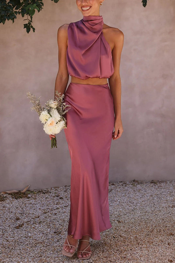 Skirt and Top Set | High Neck | Maxi Skirt | Satin Co-Ord | Women's Two-Piece Set-Grace Aura