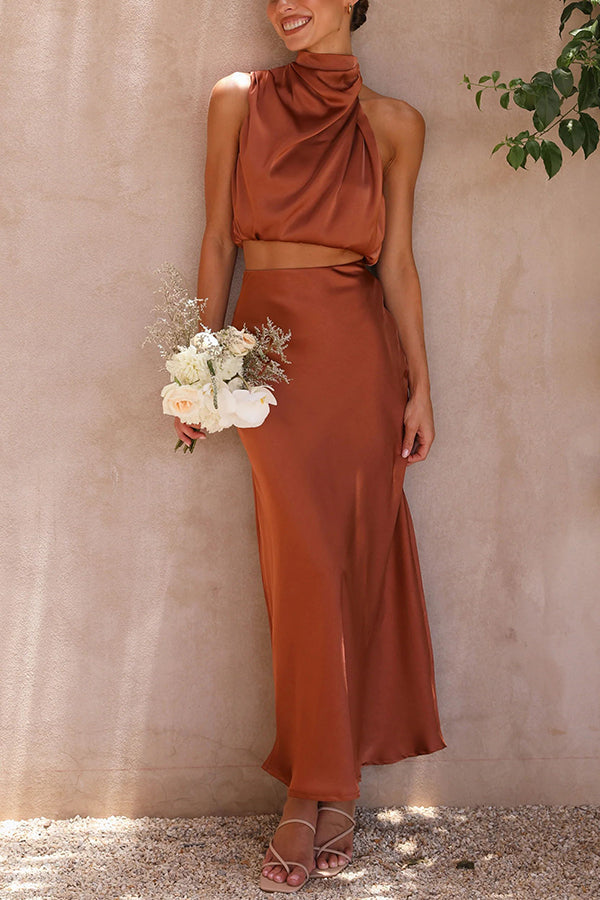 Skirt and Top Set | High Neck | Maxi Skirt | Satin Co-Ord | Women's Two-Piece Set-Grace Aura